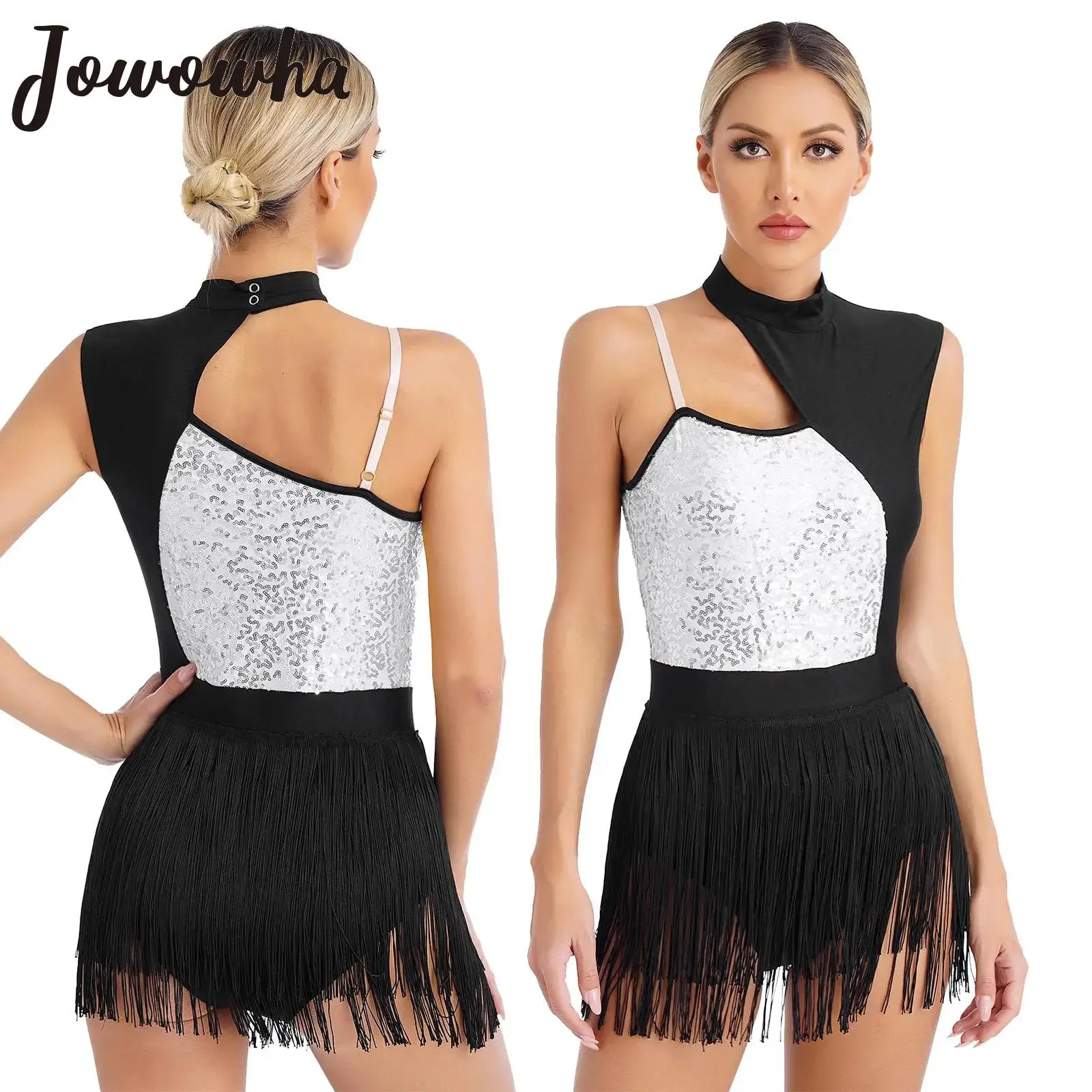 

Womens Latin Jazz Dance Leotard Tango Rumba Samba Cha-Cha Performance Costume Sleeveless Sequins Tassel Figure Skating Bodysuit