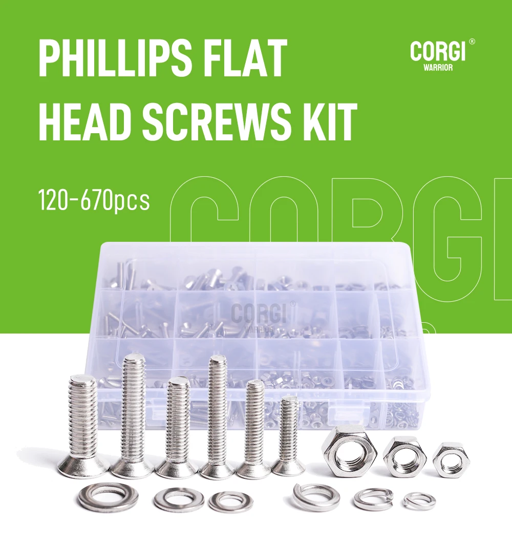 Description Picture 2 of item120/670 Pcs Flat Head Phillips Drive Screws Assortment Kit M2/M2.5/M3/M4/M5/M6 Countersunk 304 Stainless Machine Screw Nuts Case