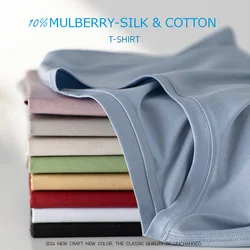 High-end New 10% Silk & Mercerized Cotton Women T-shirt Luxury Tee Short Sleeve Silky Feeling Summer Wear 2024 Tops V / O-neck