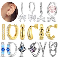 New 925 Sterling Silver Hoop Earrings Gold Double Circle Heart Bow Wing Stud Earrings for Women Girl Party Fashion Jewery Gift