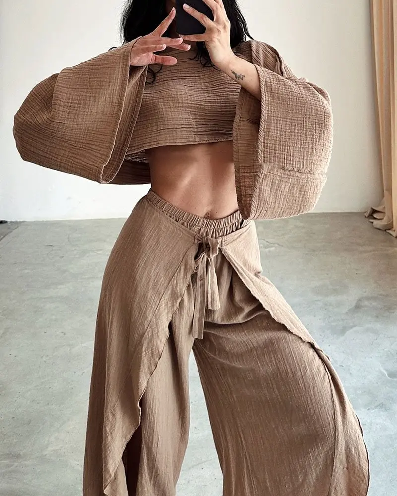 Flare Sleeve Loose Crop Top + Slit Wide Leg Pant Set 2pc Casual Solid Elastic Wasist Trouser Tees Vacation Beach Women Outfits