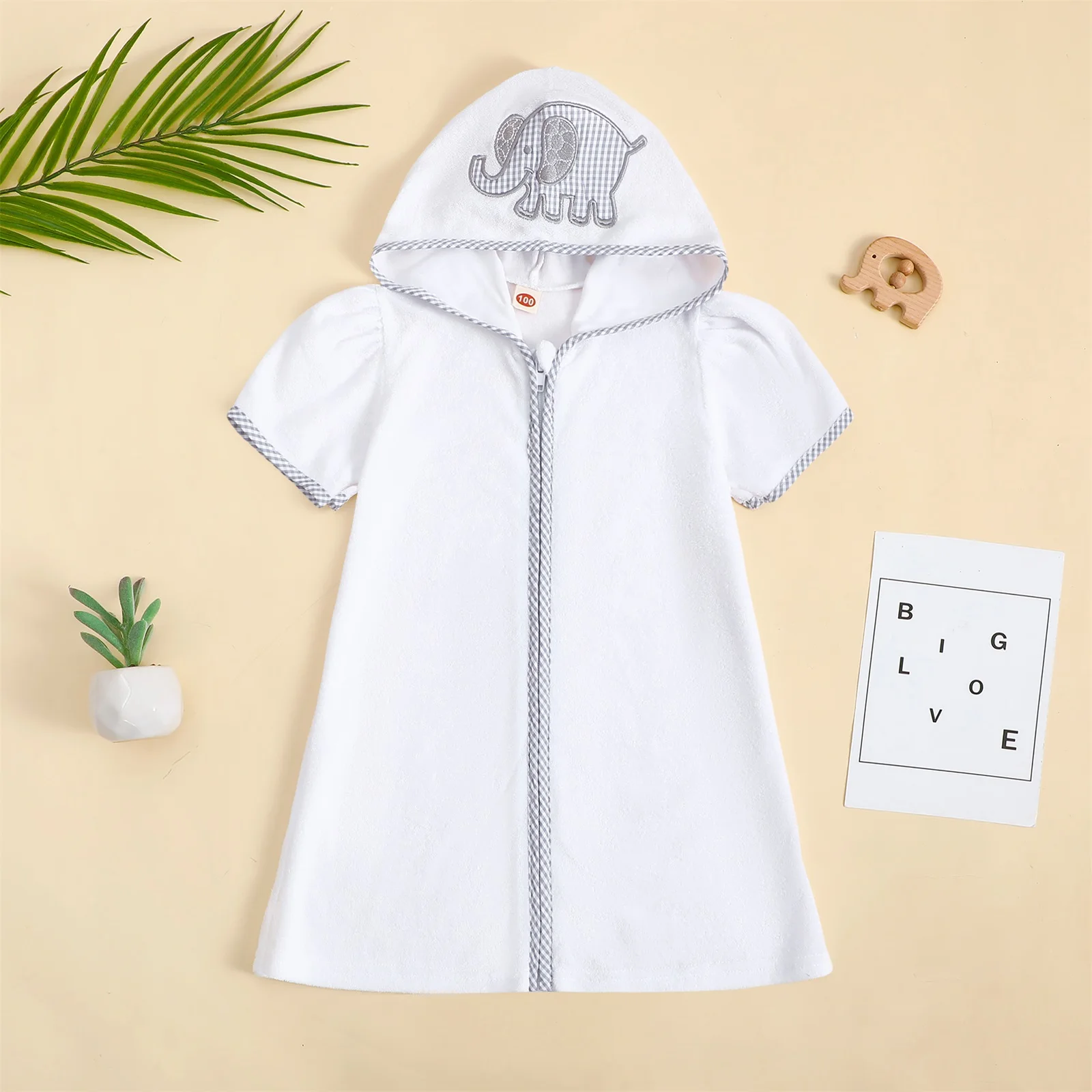 FOCUSNORM 4 Colors Kids Swim Coverups Bow/Elephant Embroidery Short Sleeve Hooded Robe Zip-Up Beachwear