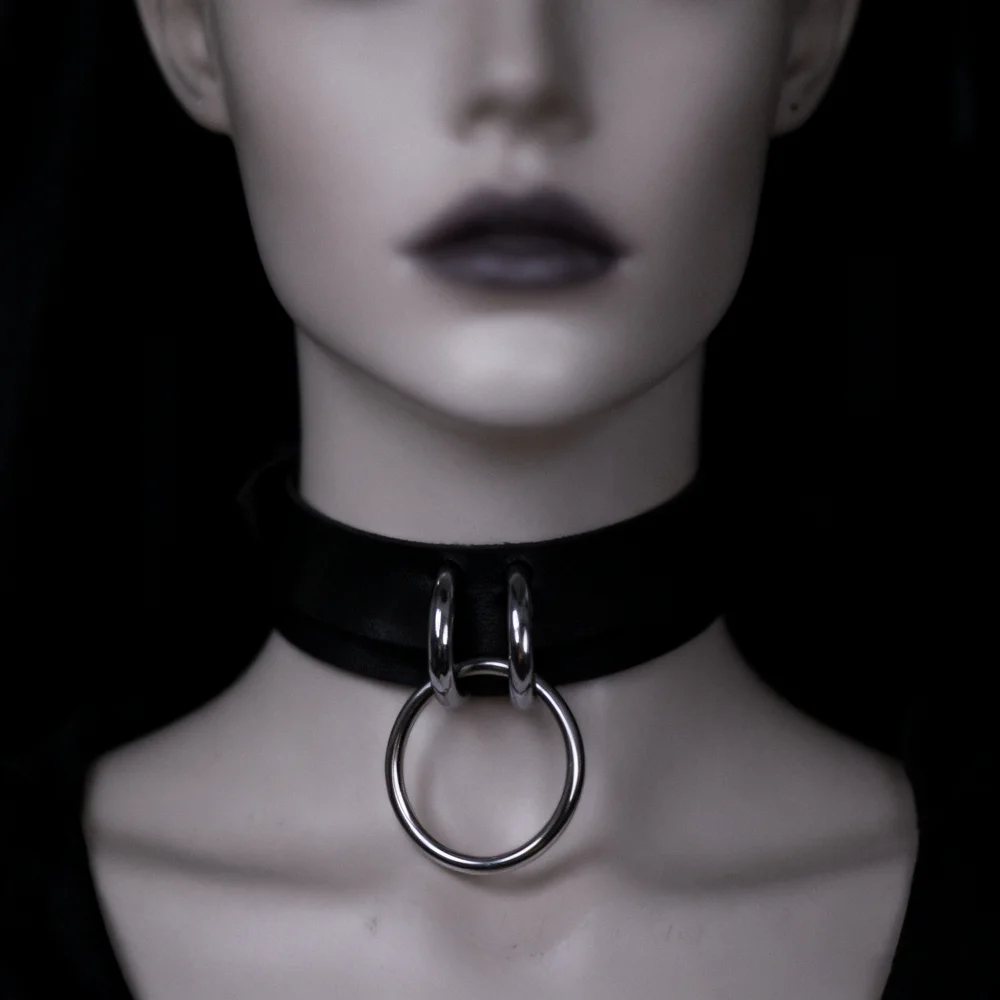 Edgy Black PU Leather Choker Necklace with Circular Pendant