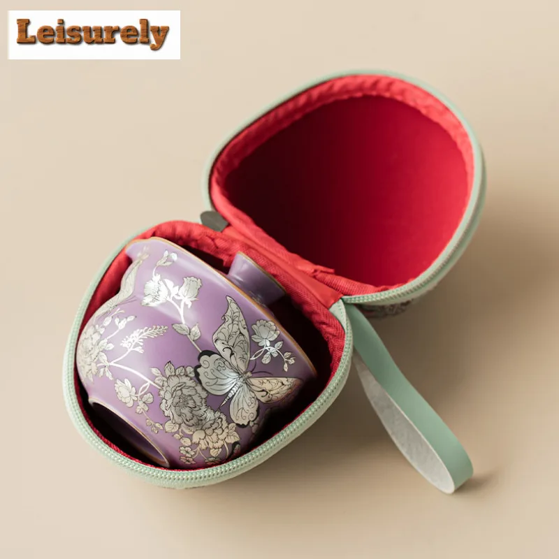Gilt Silver Butterflies In Love With Flowers Gourd Travel Tea Set Kit Retro 1 Pot 2 Cups Tea Making Organizer Portable Handbag