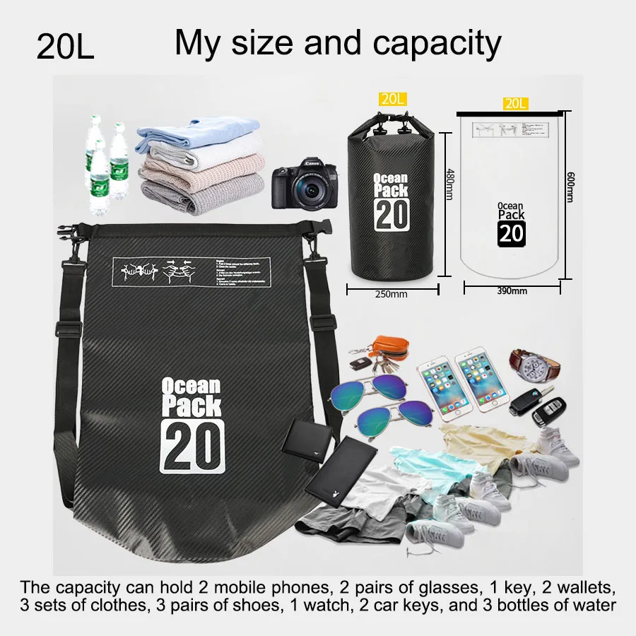 Outdoor Waterproof Dry beach bag, Carbon fiber texture waterproof bag for river floating, bucket bag, waterproof bag