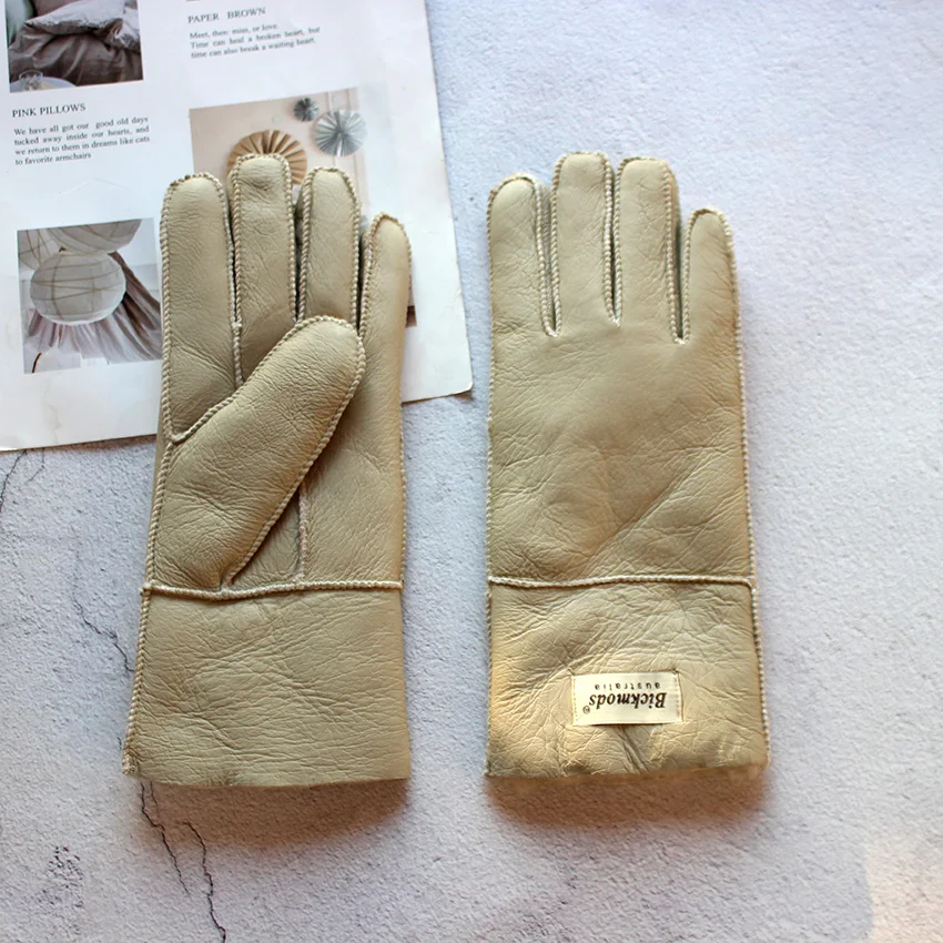 Women's Thickened Winter Sheepskin Fur Gloves Windproof Warm Outdoor Motorcycle Riding Color Leather Finger Gloves