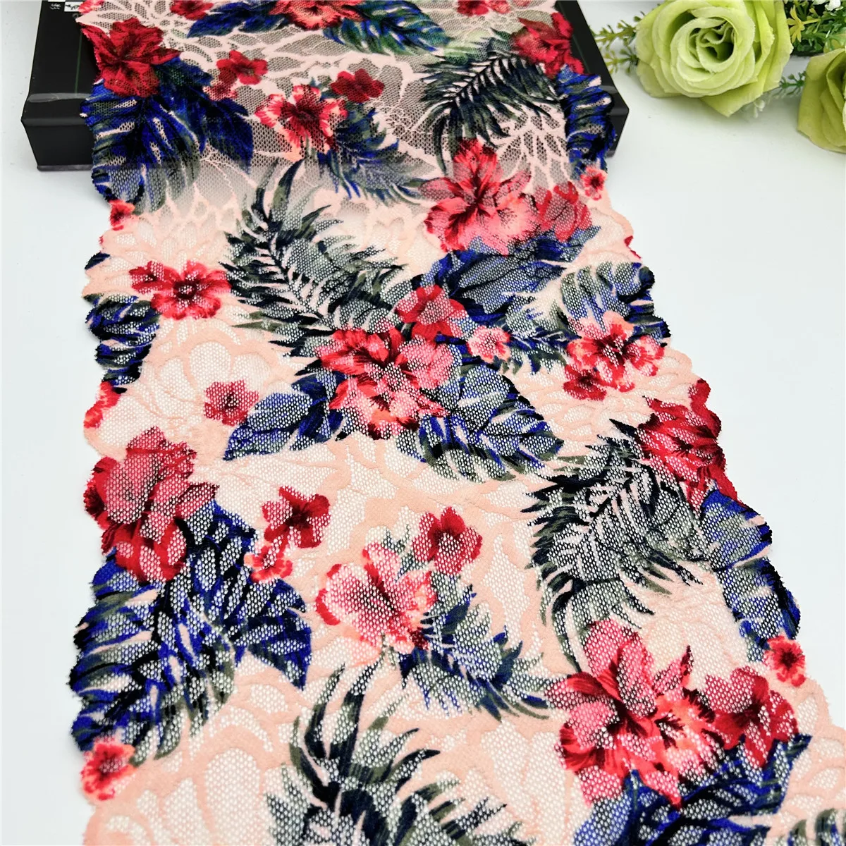 3y/lot W 23cm Printed Red Flower And Leaf Elastic Stretch Lace Trim Skirt Hem Underwear Sewing Craft DIY Lingerie Fabrics Lace 5