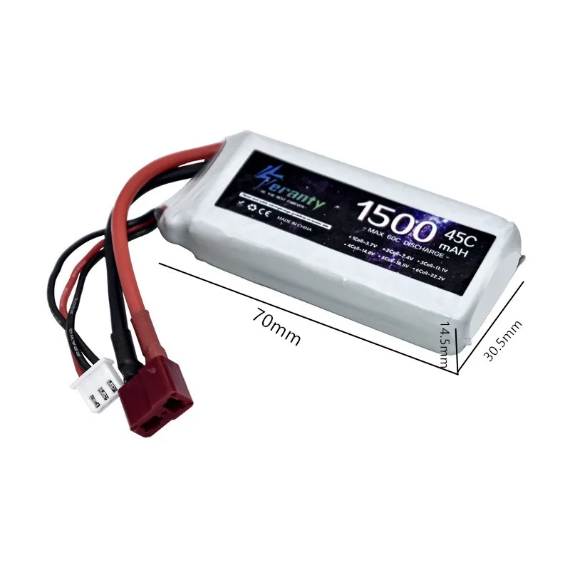 Batterie LiPo 2S 7.4V 1500mAh 45C avec connecteurs JST et XT30, idéale pour bateau ou drone RC