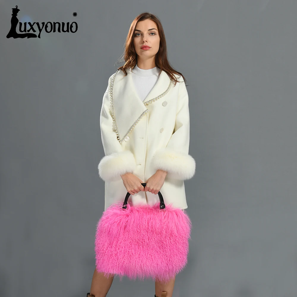 

Роскошная монгольская меховая сумка Luxyonuo для женщин, Осень-зима, женская модная пушистая Сумка-тоут, Женская Ручная сумка, роскошные сумки из натурального меха