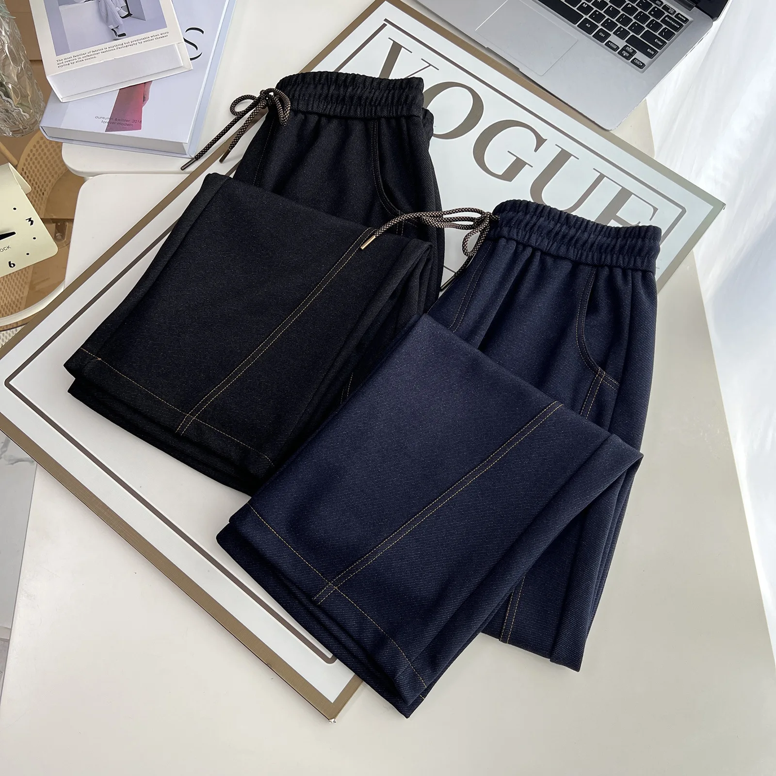 Plus Size Women's Straight Leg Pants Autumn New Style lace-up Hight Waisted Jeans Casual Trousers 386