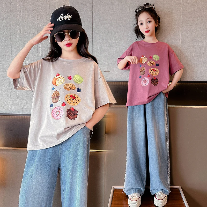 

ensembles fille enfant short et top summer outfits teenage girls clothing sets cotton t shirt Denim wide leg pants 2pcs kid suit