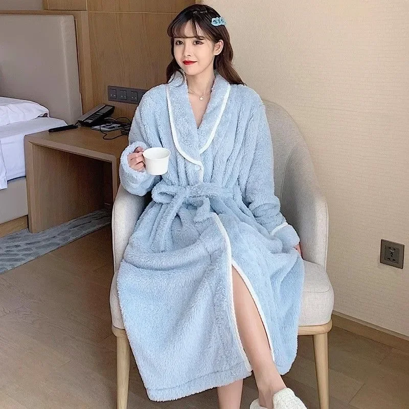 2024 New Autumn Winter Coral Velvet Nightgown Women Extended Flannel Loungewear Thickened with Velvet Sleepwear Loose Bathrobe