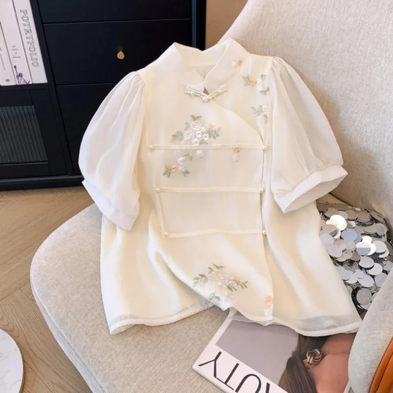Chiffon Chinese Style Women's Shirt Summer Vintage Embroidery Blouses Loose Short Sleeve Women Top Fashion Clothing 2024 Korean