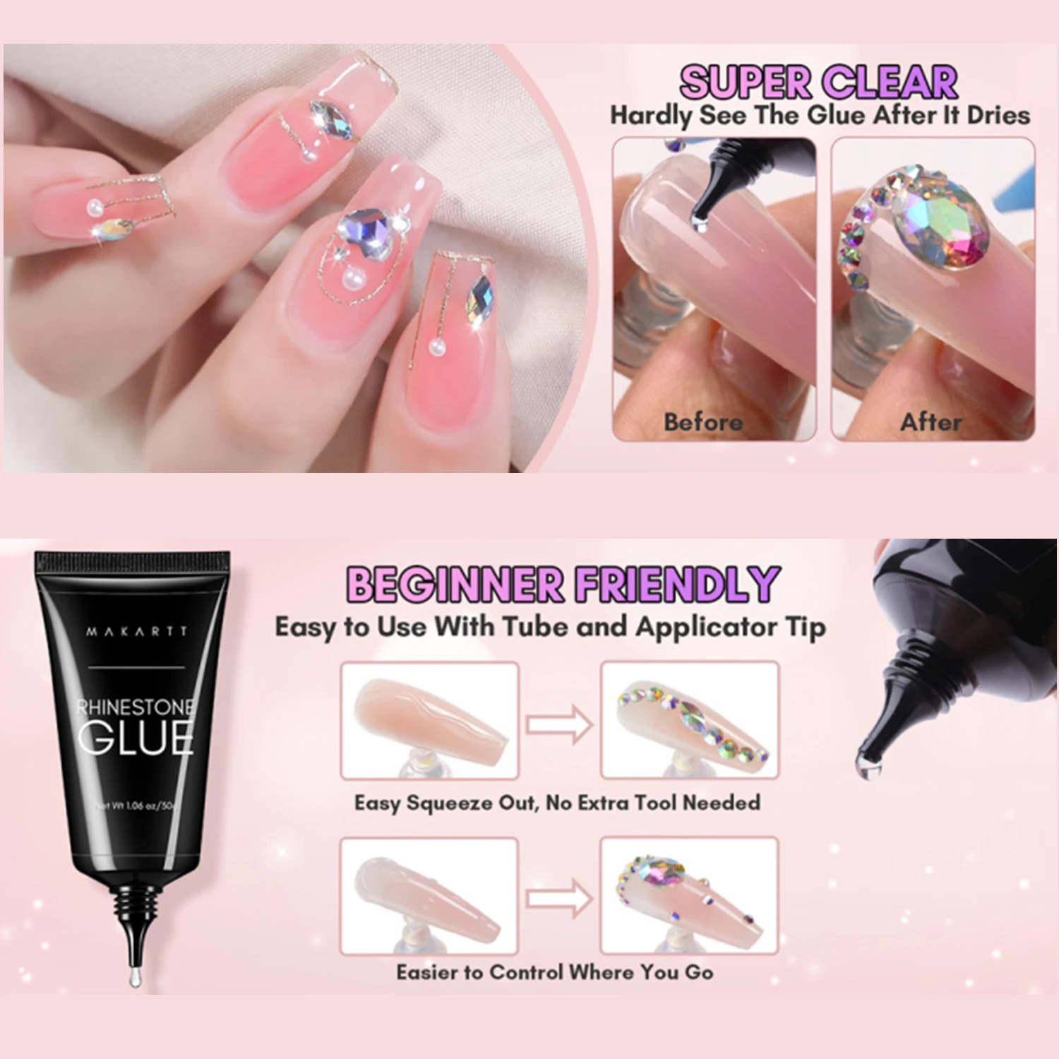 Makartt Nail Rhinestone Glue Gel Kit,  Clear Nail Gem Glue Gel Super Strong Adhesive Nail Art Glue for Nail Decorations 3D Stone 2