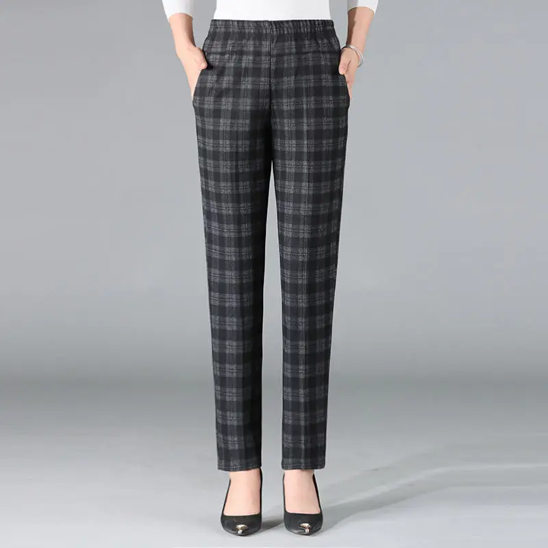 Korean Vintage Women Casual Plaid Pants Spring Autumn New Elastic High Waist Pockets Daily Versatile Fashion Straight Trousers