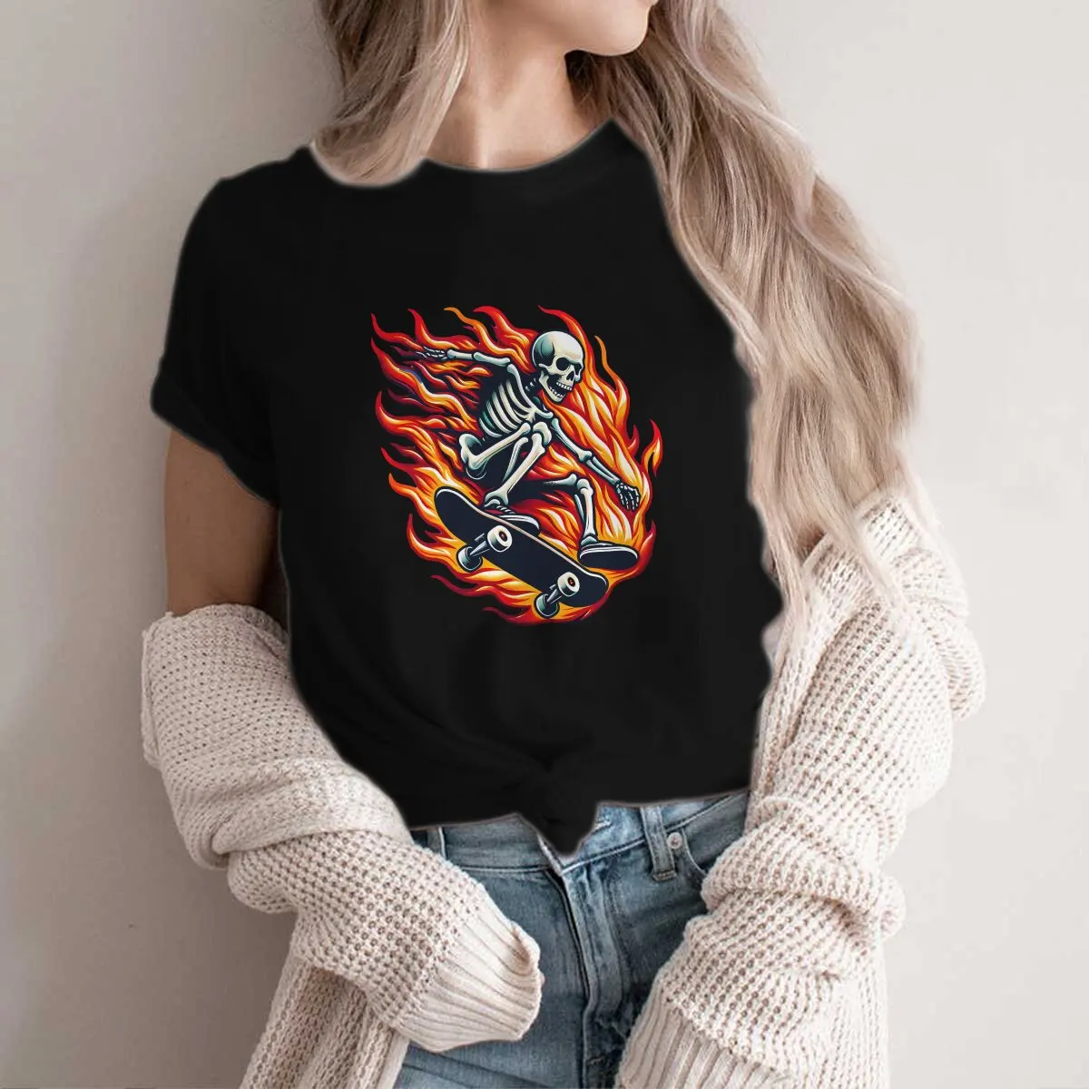 

Skateboard Polyester TShirt for Women Blazing Skeleton Skateboarder Soft Casual Tee T Shirt Novelty Trendy