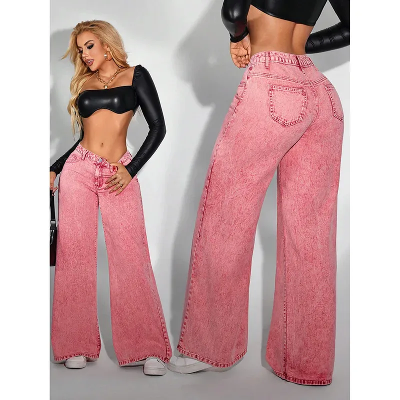 2025 Women Jeans Denim Wide Leg Pants Vintage Straight Trousers Distressed Washed Pockets High Waist Streetwear Floor Length 1