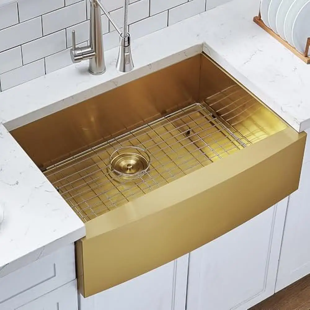 Gold Stainless Steel Farmhouse Kitchen Sink 33 Inch Single Bowl Brushed Brass Apron Front Durable 304 Material Scratch Resistant 2