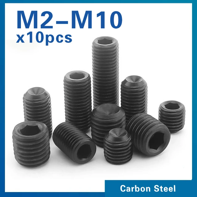 10 ชิ้น/ล็อต Headless Cup Point ชุดสกรู M2 M2.5 M3 M4 M5 M6 M8 M10 เหล็กคาร์บอน Hex ซ็อกเก็ตชุดสกรูความแข็งเกรด 12.9 1