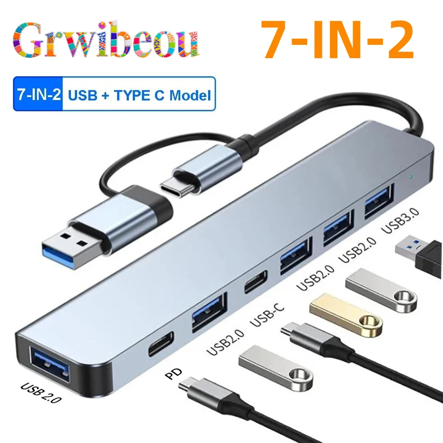 Hub USB 7 en 2 Tipo-C, Adaptador USB C a USB 3.0 Compatible con HDTV para MacBook Pro, para Teléfono/Tablet Xiaomi, Transferencia de Datos Rápida y Carga