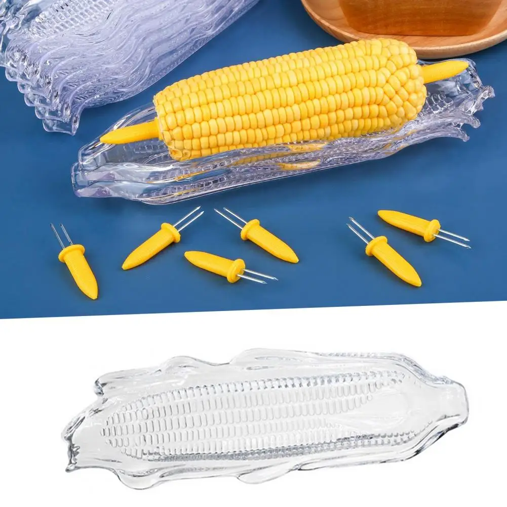 Transparent Corn Trays Fork Corn Skewer Stainless Steel Holders On The Cob Skewers Fruit Forks Outdoor Barbecue Tool