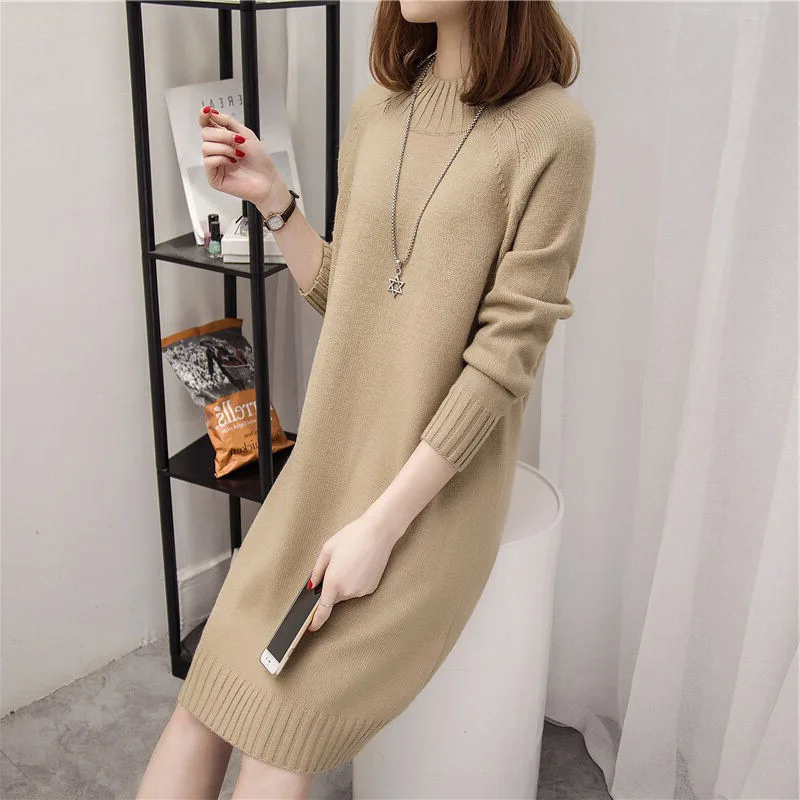 

Autumn Winter Fashion New Half High Neck Pullover Knitted Sweater Women's Bottom Loose Medium Length Long Sleeve Trend