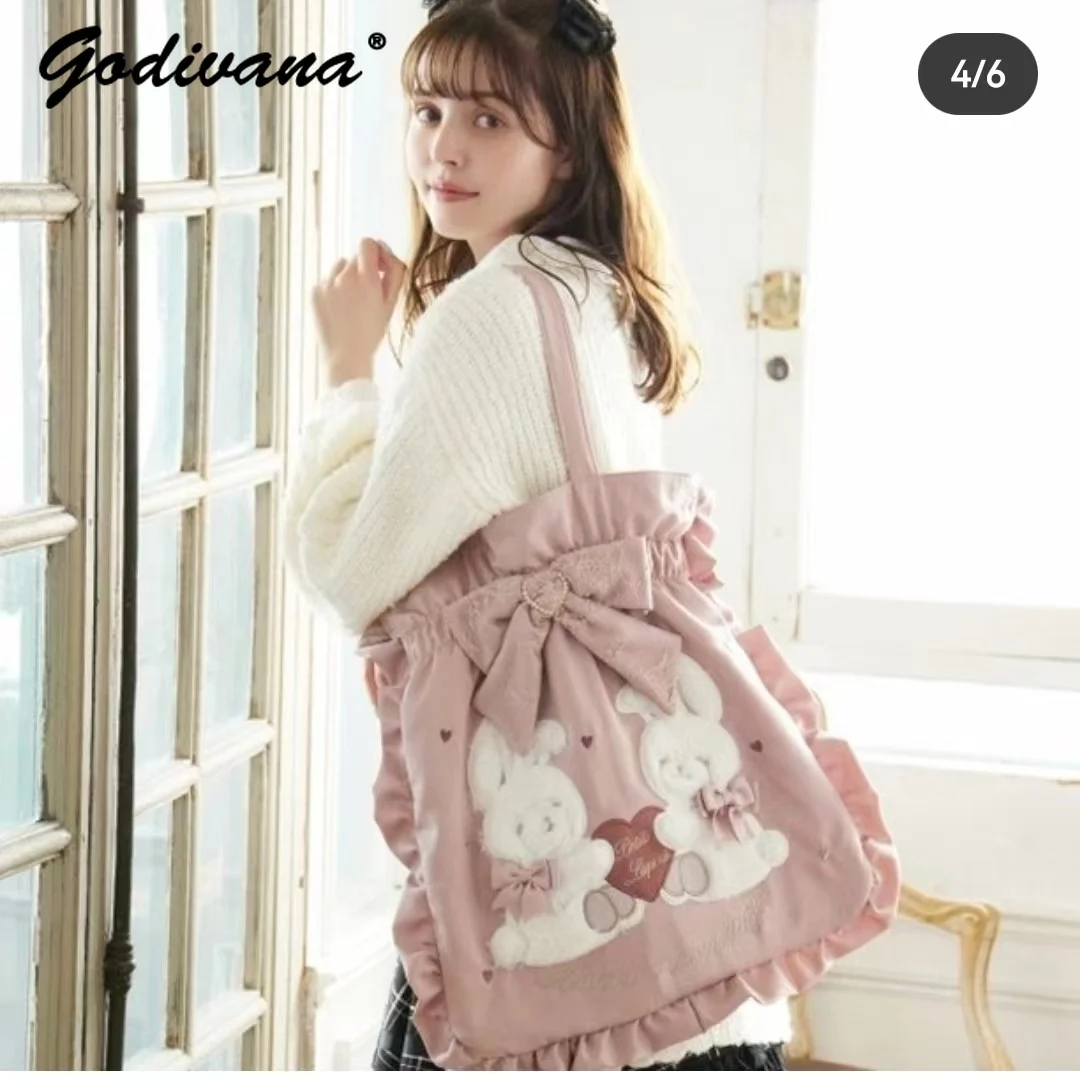 Japanese Fashion Liz Sweet Strawberry Cake Cute Tote Bag Women's Large Capacity Cartoon Embroidery Bowknot Shoulder Handbags