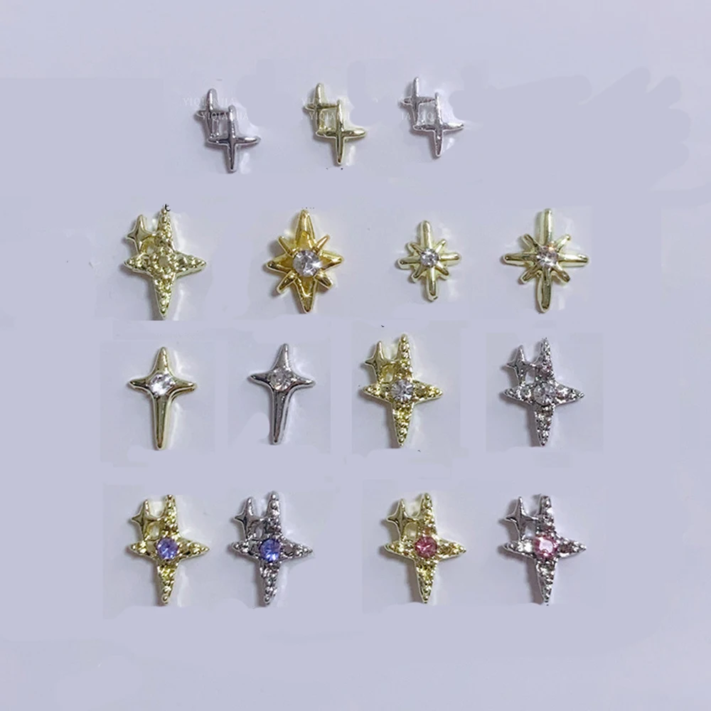 10Pcs 다이아몬드 별 네일 아트 매력 보석 크리스탈과 3D 골드/실버 크로스 스타 네일 장식 럭셔리 DIY 매니큐어 액세..