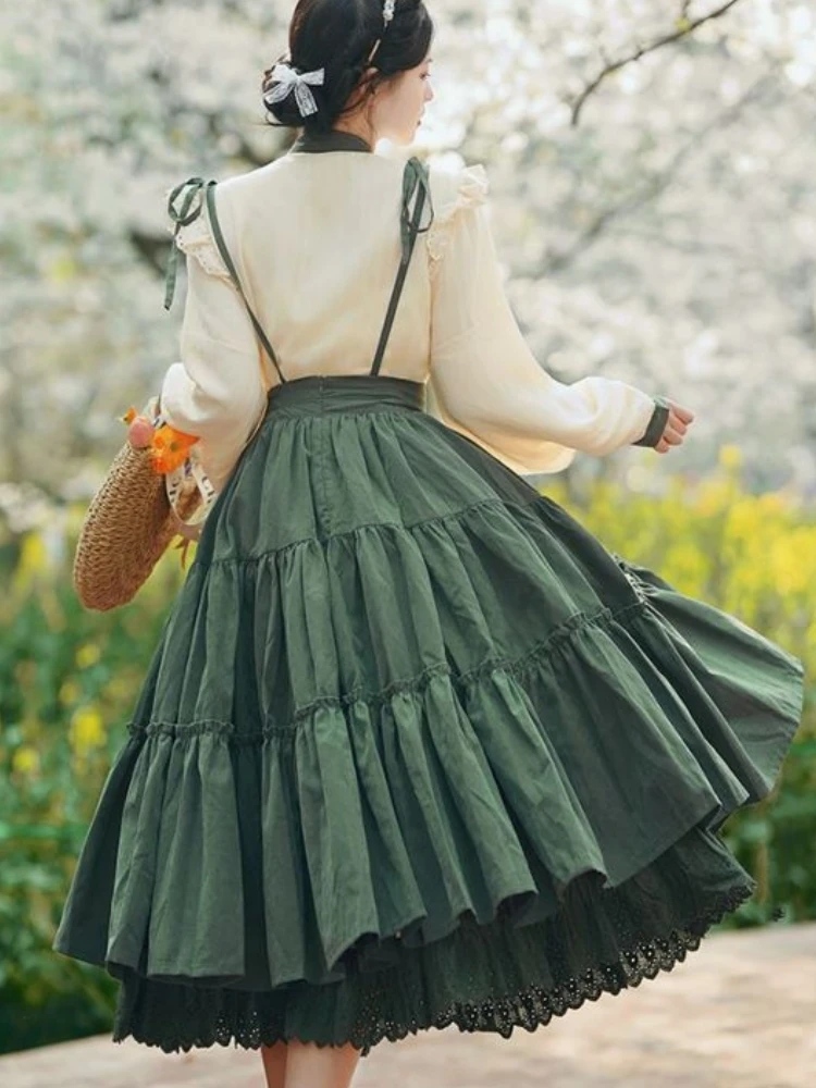 Chinese Lolita Style Spring Summer Long Midi Suspender Skirt Women
