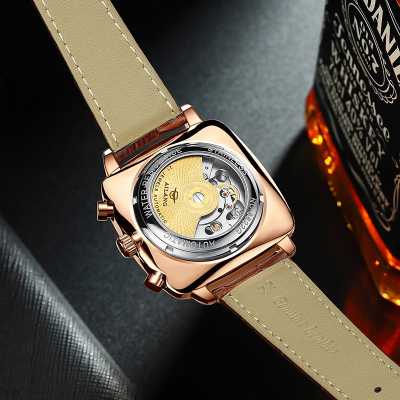 AILANG Luxury Men Automatic Mechanical Watch For Men New Fashion Tourbillon Watches Square Rose Gold Case 30M Waterproof Reloj
