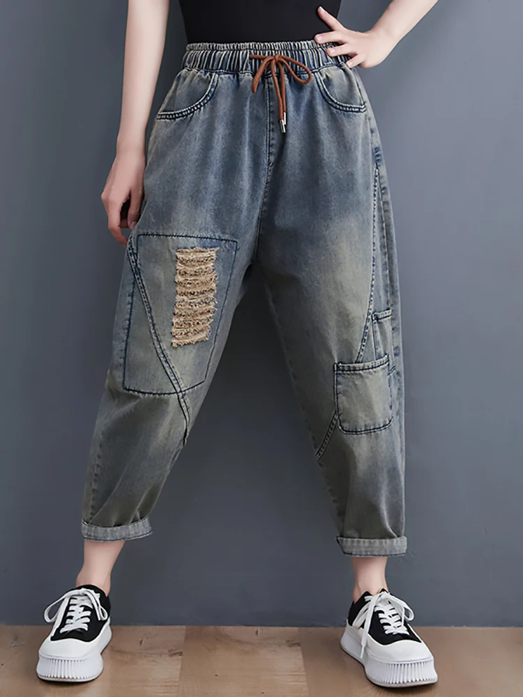 

Summer New Fashion Women's Vintage Jeans Female Elastic Waist Ripped Hole Harem Denim Pants Lady Daily Baggy Casual Thin Trouser