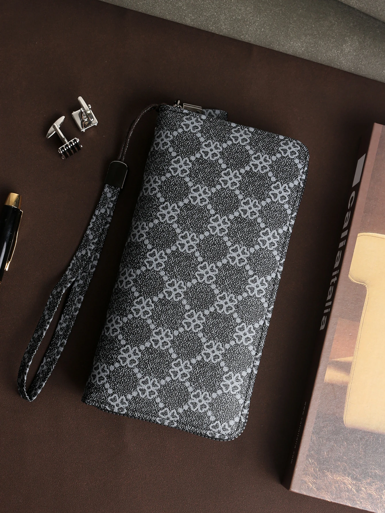 Men's Premium PU Leather Wallet with Detachable Wrist Strap and Metal Hardware
