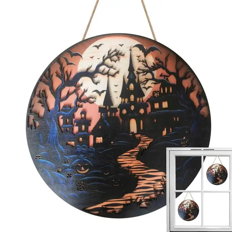 

Деревянный декор на Хэллоуин, замок, луна, летучая мышь, подвесные знаки на Хэллоуин, дверной декор, жуткий Знак Приветствия для декора входной двери