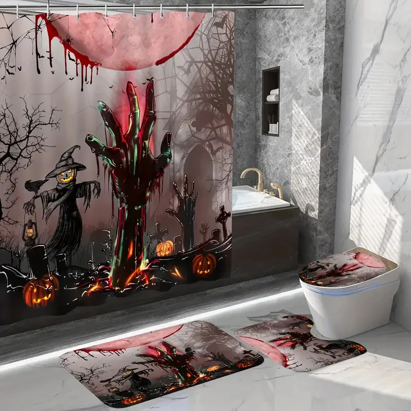 

4PCS Halloween Spooky Ghost Shower Curtain Waterproof Shower Curtain with Hook Bathroom Rug Toilet Cover U-Shape Mat Bathroom