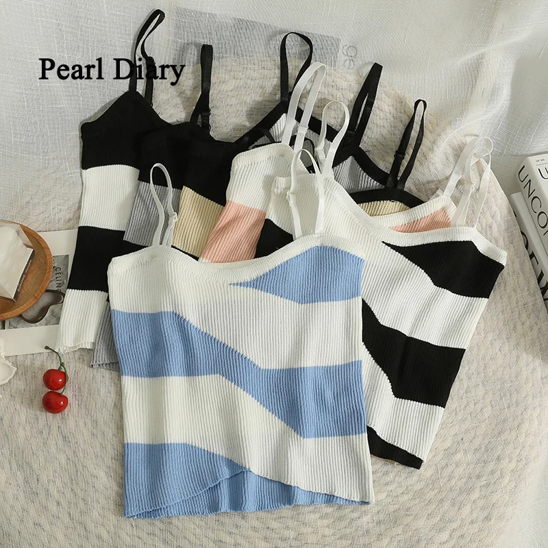 

Pearl Diary Women New Style Short Crop Top Be All-Match Assorted Colors Stripe Top Women Sleeveless Knitting Y2k Clothes
