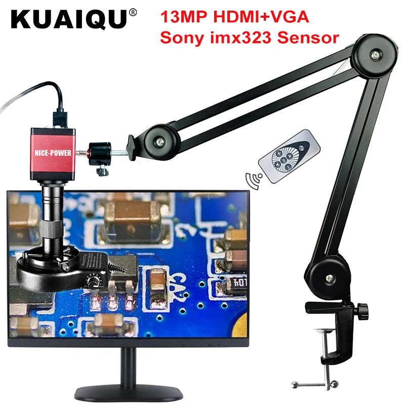 13MP HDMI USB 60FPS Monocular Video Microscope Sets HDMI VGA Digital Camera 130X/150X/215X C mount Lens For Repair Phone Solder
