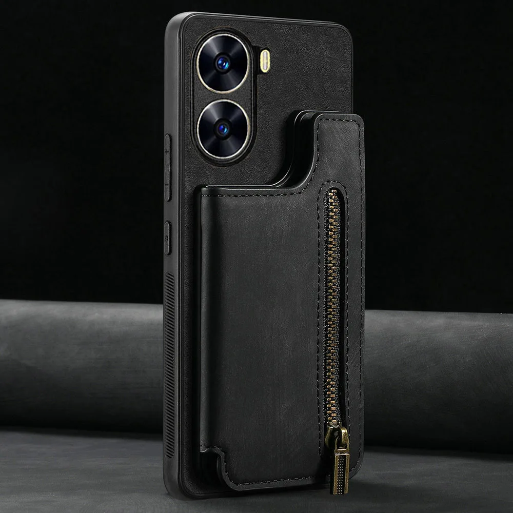 Zipper Leather Card Case with Magnetic Phone Holder and Back Cover