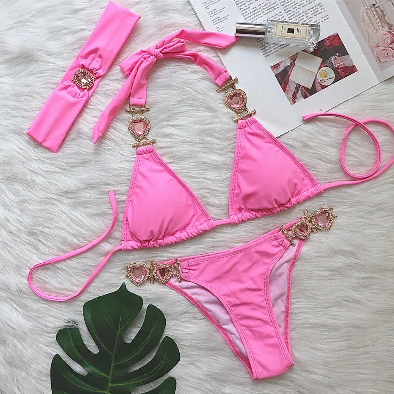 Women Swimsuit 2 Piece Sexy Shiny Crystal Diamond Rhinestones Bandage Bikini Set