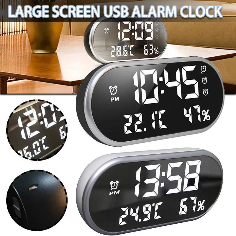 

Digital Display Temperature Humidity Alarm Clock Desktop Strip Mirror Clocks Portable LED Clock For Living Room Decoration