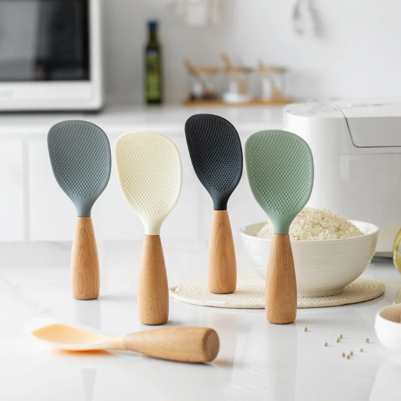 1PC Wooden Handle Silicone Rice Spoon Household Rice Cooker Spoon High Temperature Resistant Non Stick Spoon