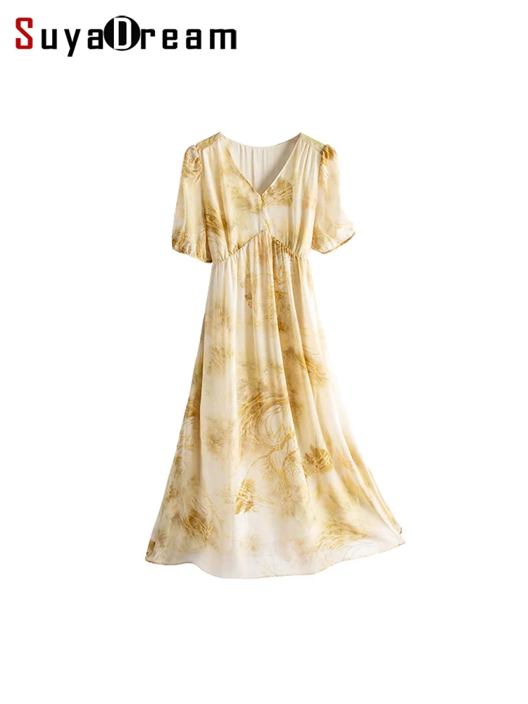 SuyaDream, Women Printed Dresses, 100%Real Silk,  V Neck, Yellow Long Dress,  2024 Spring Summer Clothes