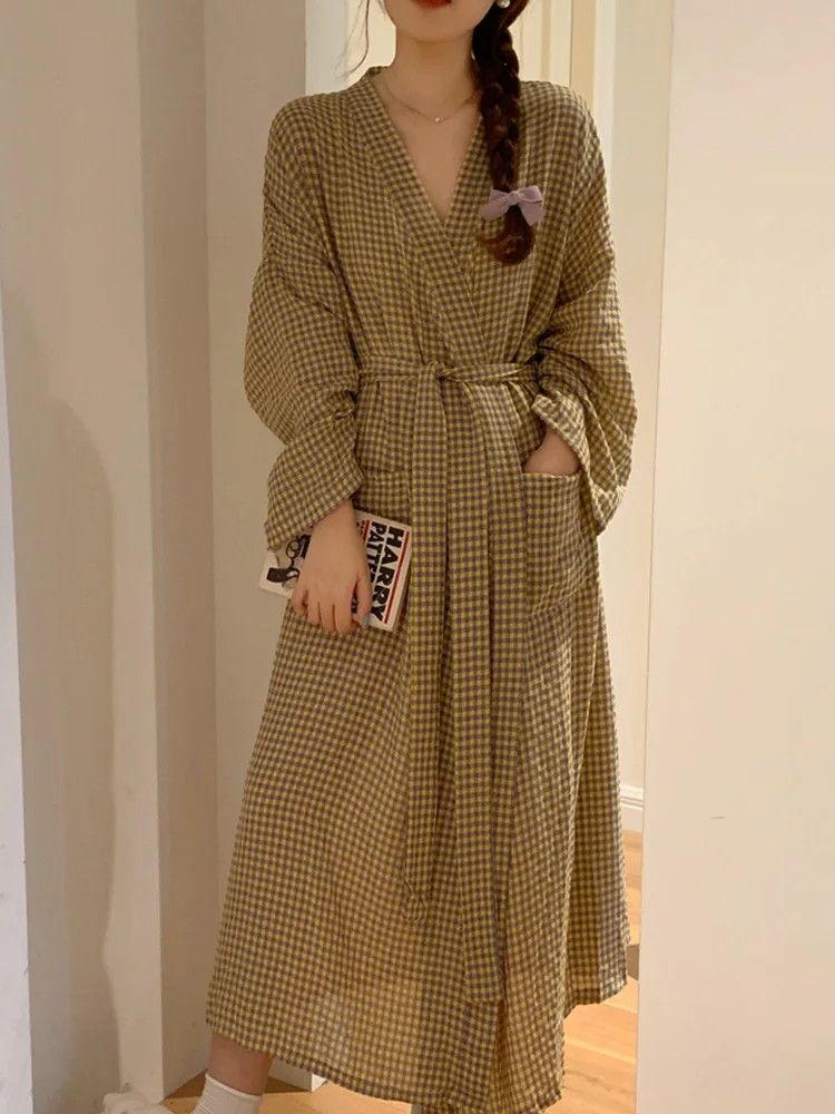 Home Soft Summer Stripe Long Sleeve Plaid Sleepwear Women Elegant Casual Long nightgown Korean Style Simple Sweet Sleep Tops Ins,women sleepwear