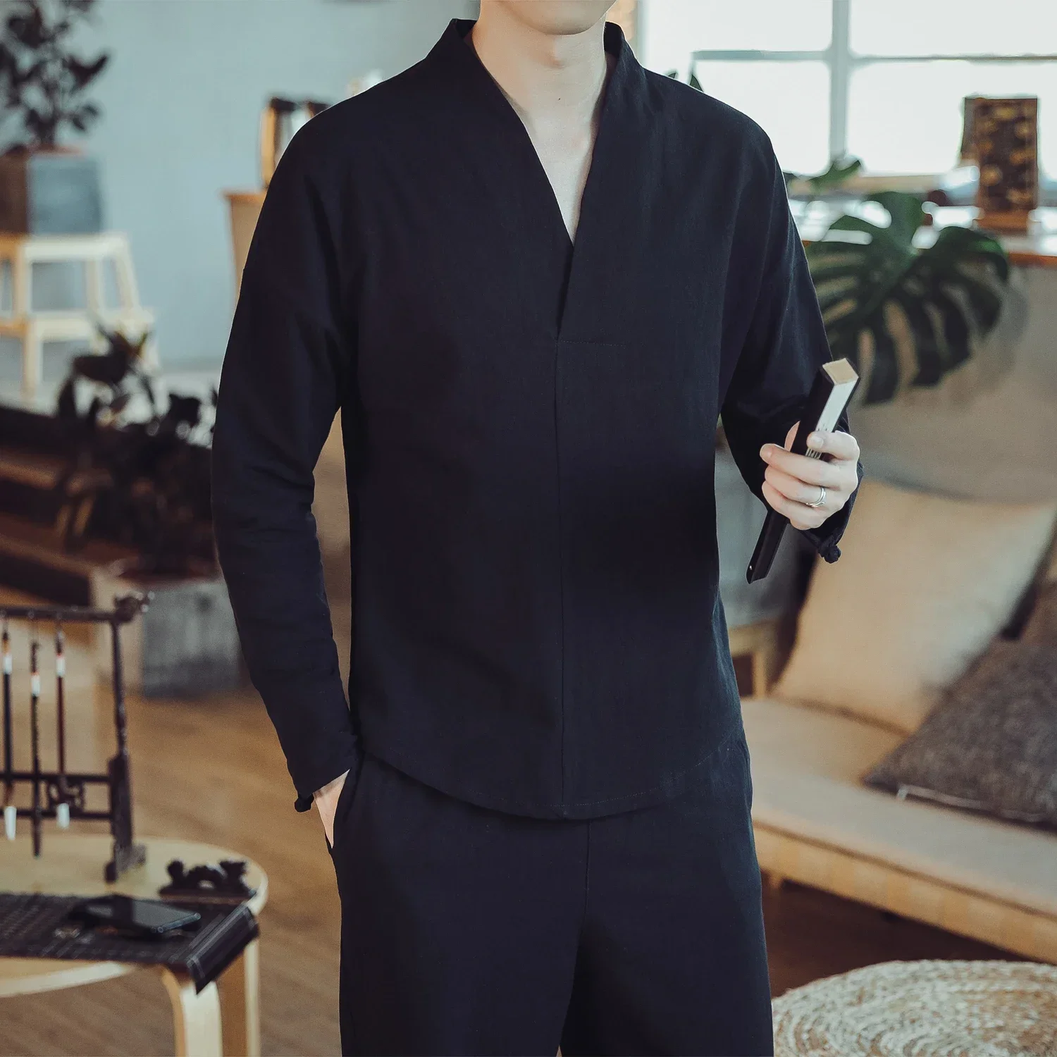M-5XL Plain Color Autumn Long Sleeve Traditional Chinese Blouse V-Neck Traditional Chinese Clothing For Men Shirt Male
