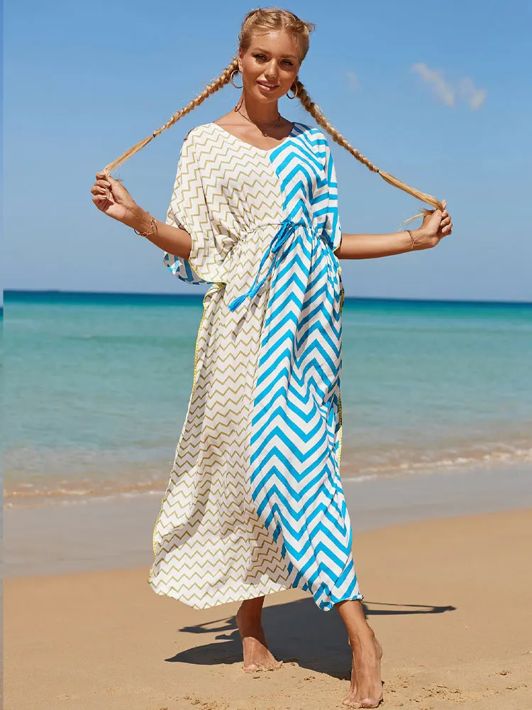 

2023 Bohemian Striped Patchwork Sexy V-neck Self Belted High Waist Loose Dress Cotton Tunic Women Plus Size Maxi Dresses N1194