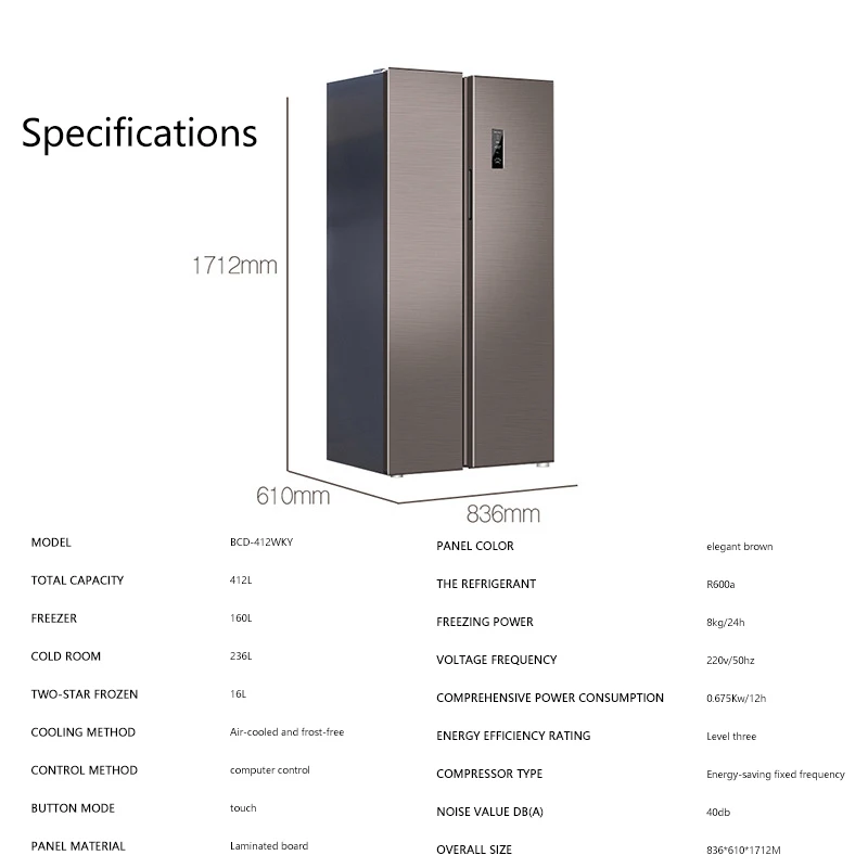 Touch Screen Black Stainless Steel 2 Door French Door Side-by-side Refrigerator