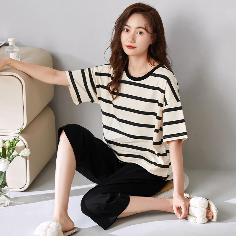 

Stripe Home Tops Calf Pant Pijamas Set for Women Cotton Sleepwear Summer Thin Soft Home Clothes Female Young Girl Nightwear Pjs