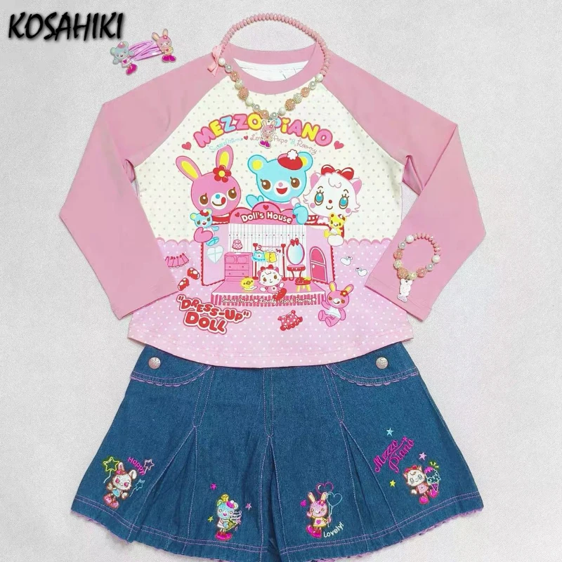 Japanese Kawaii Cartoon Print Y2k Tshirts Harajuku Contrast Patchwork Fairy T-shirt Top Women Aesthetic Slim Fit Casual Tees 2