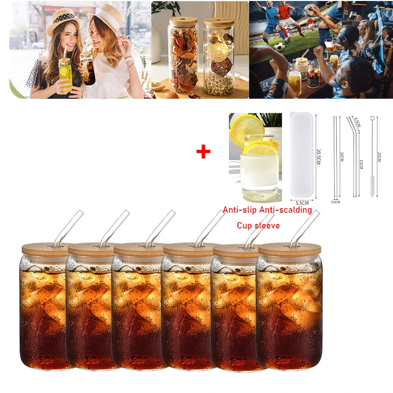  [ 6pcs Set ] Glass Cups with Bamboo Lids and Glass Straw - Beer  Can Shaped, 16 oz Iced Coffee Drinking Glasses, Cute Tumbler Cup for  Smoothie, Boba Tea, Whiskey, Water 