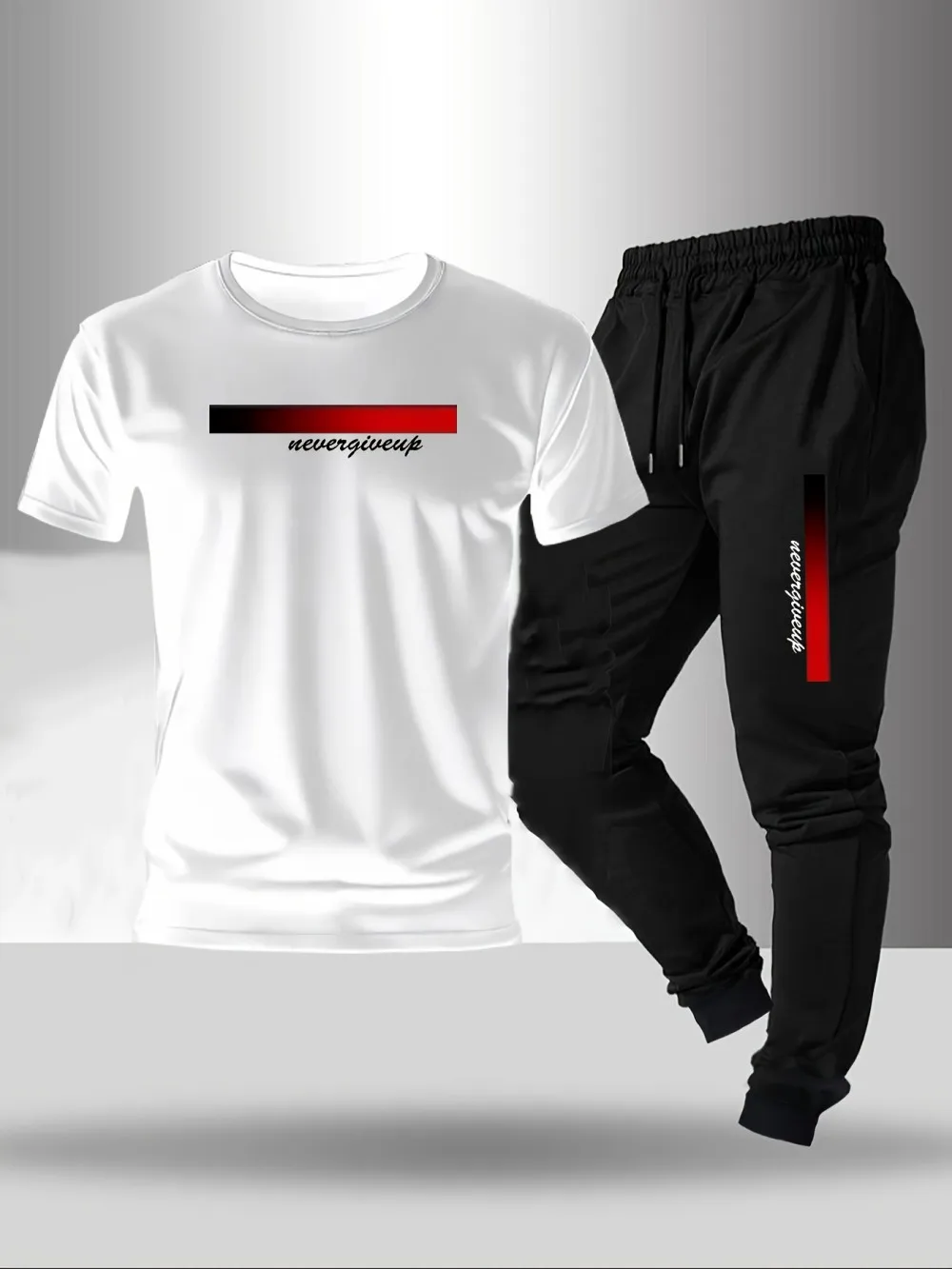 Summer New Men's Fashion Letter Stripe Printed Breathable Round Neck T-shirt Pants Set Outdoor Casual Two Piece Set