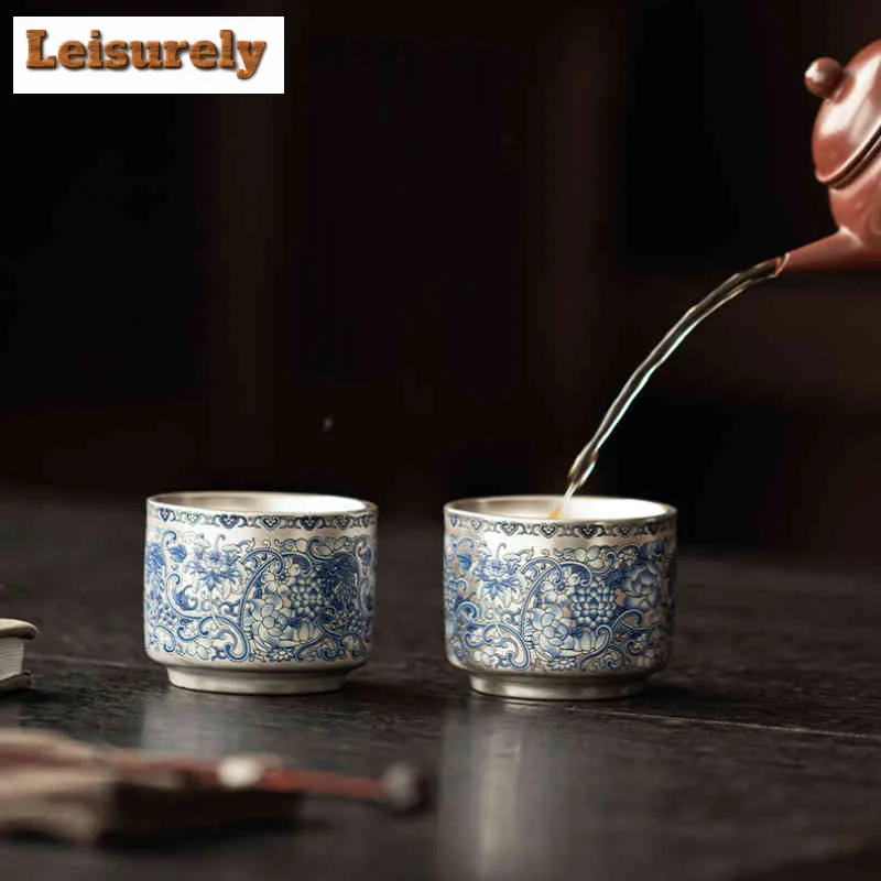 2pc/lot Handmade Twining Lotus Silver-plated Teacup Zen Tea Bowl Mug Tea-tasting Smelling Cup Jianzhan Master Cups Teaware Gifts